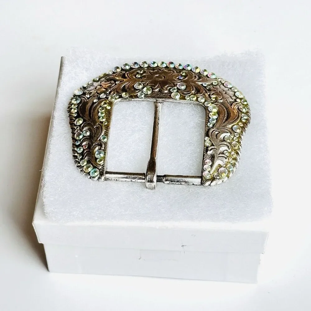 Western Belt Buckle Iridescent Aurora Borealis Rhinestones Y2K 90s Vintage Rodeo